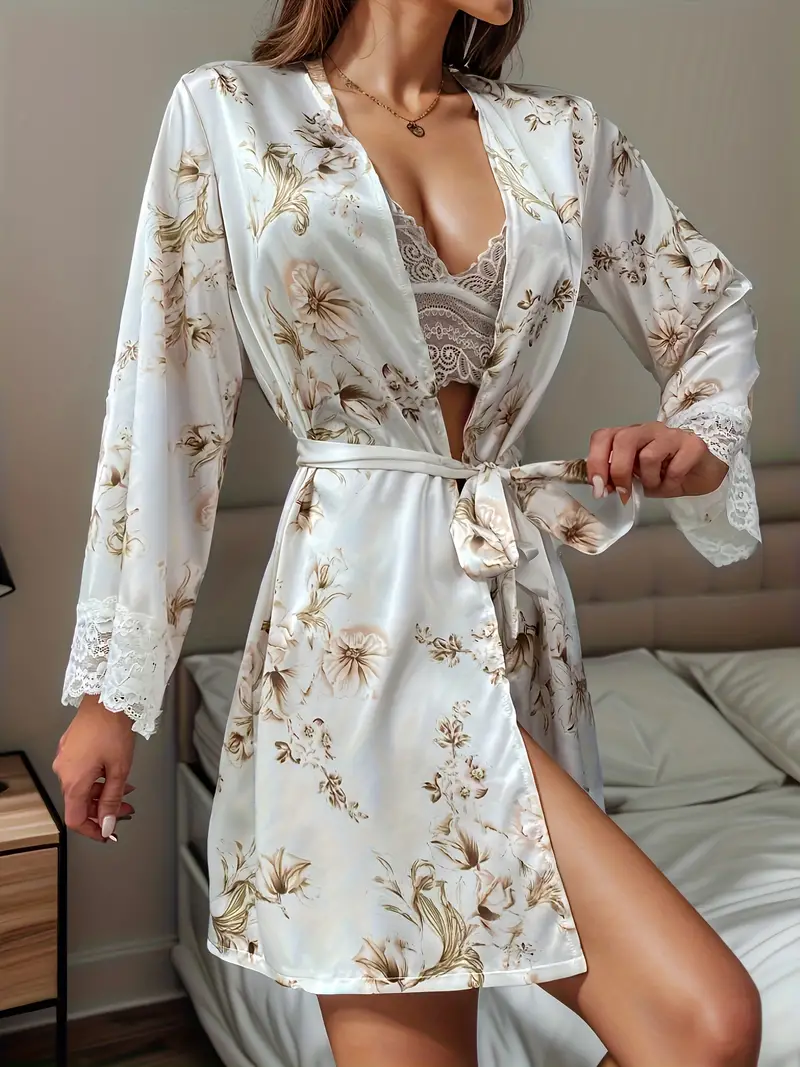 Floral Print Pajama Set Lace Cami Top Long Sleeve Robe Belt - Temu