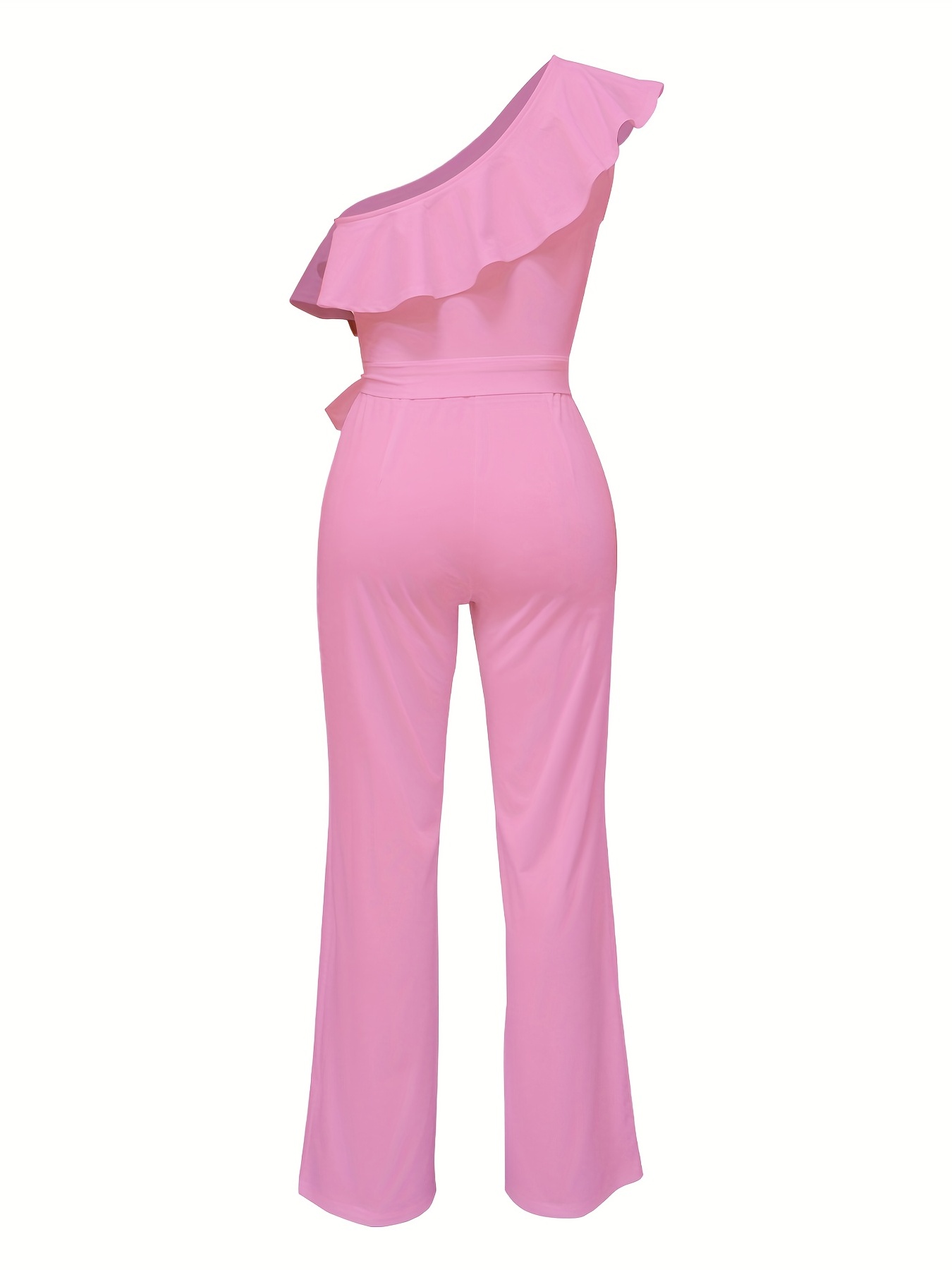 In The Style Plus exclusive contrast frill one shoulder jumpsuit in pink