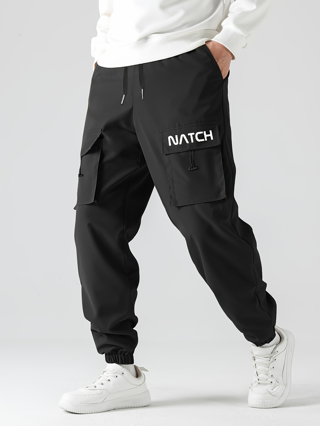 Black Cargo Joggers Mens Shell Buckle Joggers Print Multi Pockets