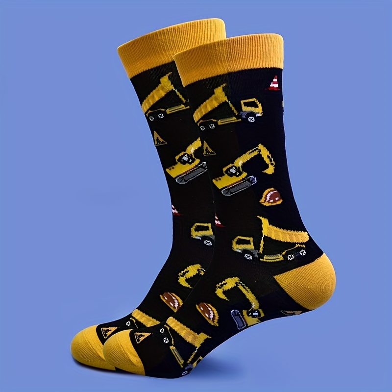 Image of 1 Pair Construction Vehicle Builder Birthday Gift - Excavator Bucket, Construction Theme Mid-calf Socks For , Heavy Equipment - Or Birthday Party Outfit - Machine Washable