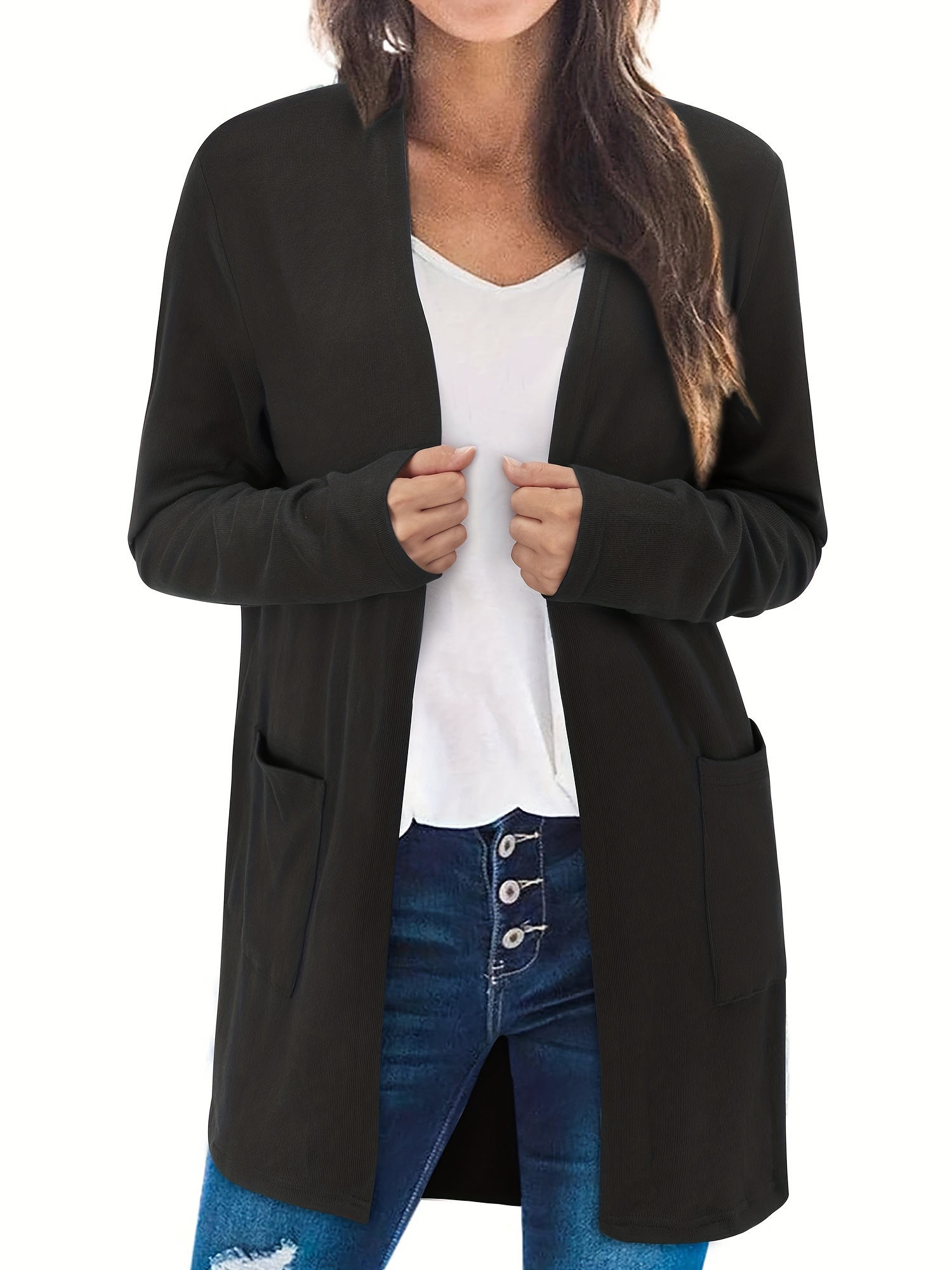 Solid Open Front Knit Cardigan Casual Long Sleeve - Temu