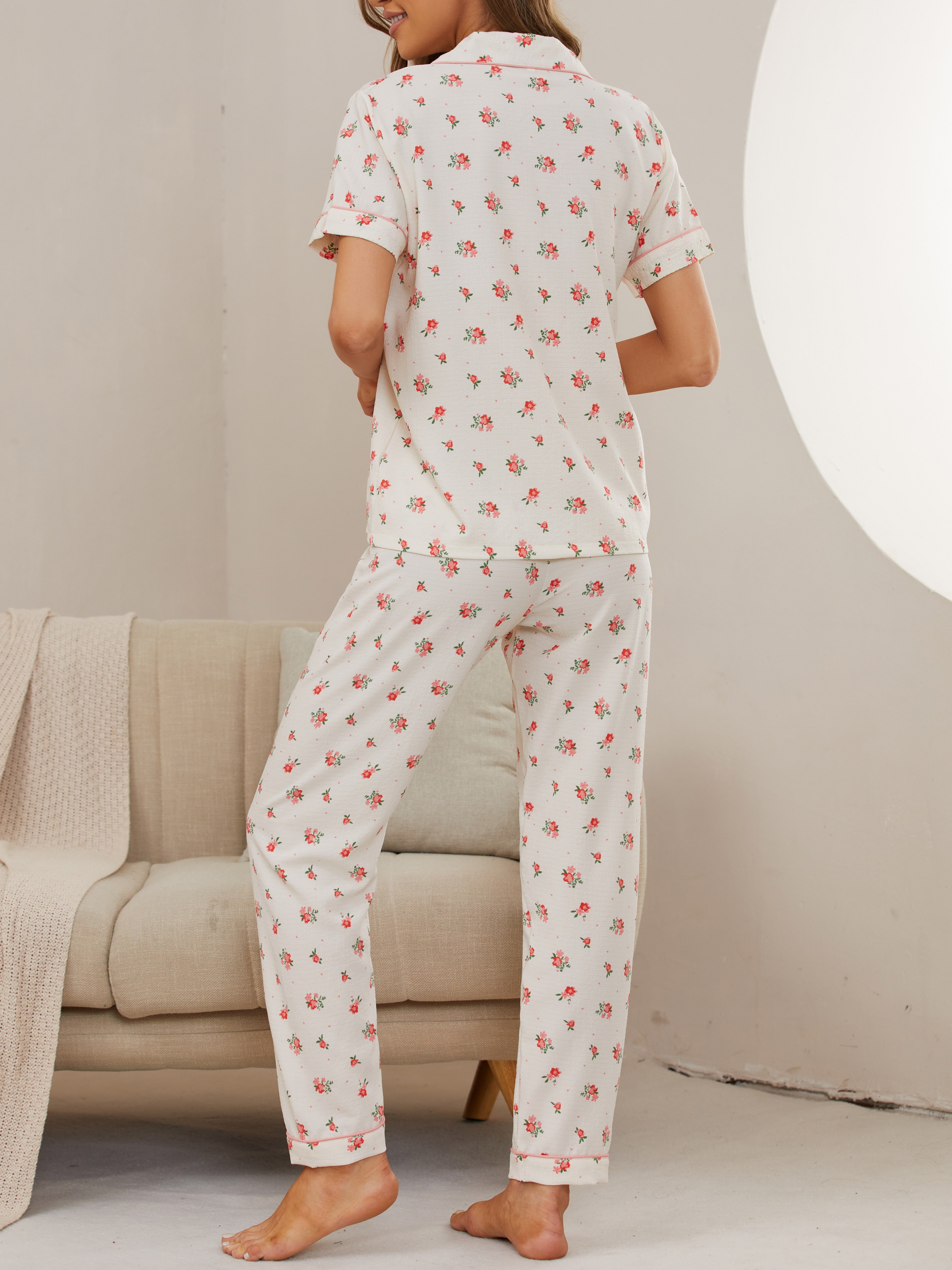 Ditsy Floral Print Pajama Set Short Sleeve Buttons Top - Temu