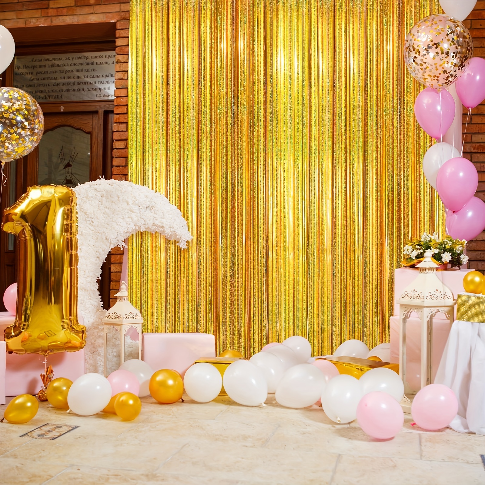 Cortina de flecos metálicos, cortina de fiesta de cumpleaños dorada,  cortinas brillantes de oropel de aluminio brillante, telón de fondo de  decoración de ventana de pared para fiesta de cumpleaños (1m*2m) JM