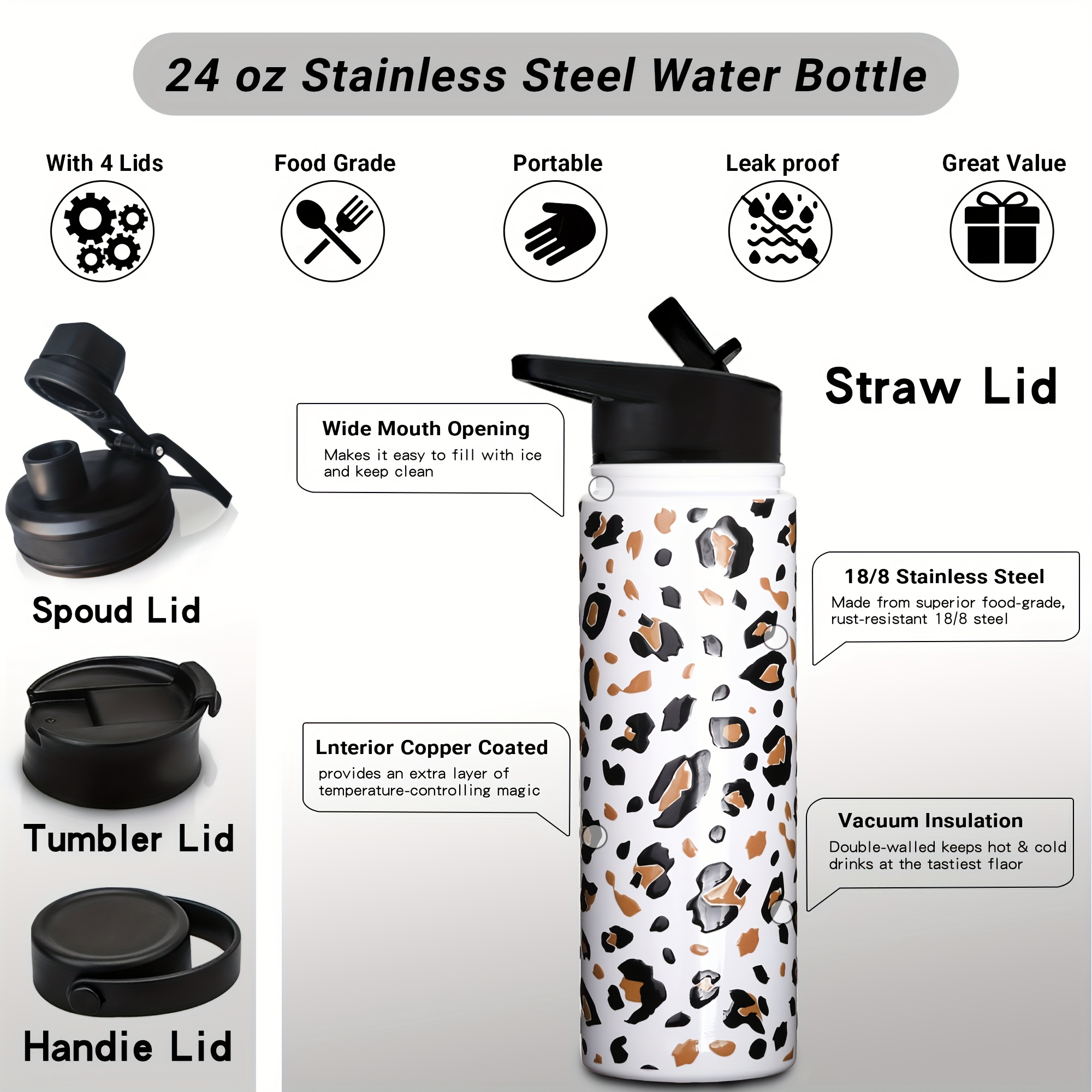 White Leopard Print Sport Water Bottle Stainless Steel - Temu