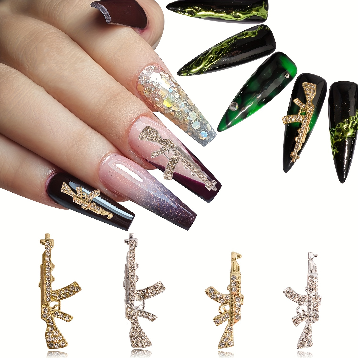 3d Alloy Gun Nail Art Charms With Crystal Rhinestones,luxury Gun Shaped Nail  Art Diy Nail Salon,nail Art Supplies Acrylic Nails - Temu