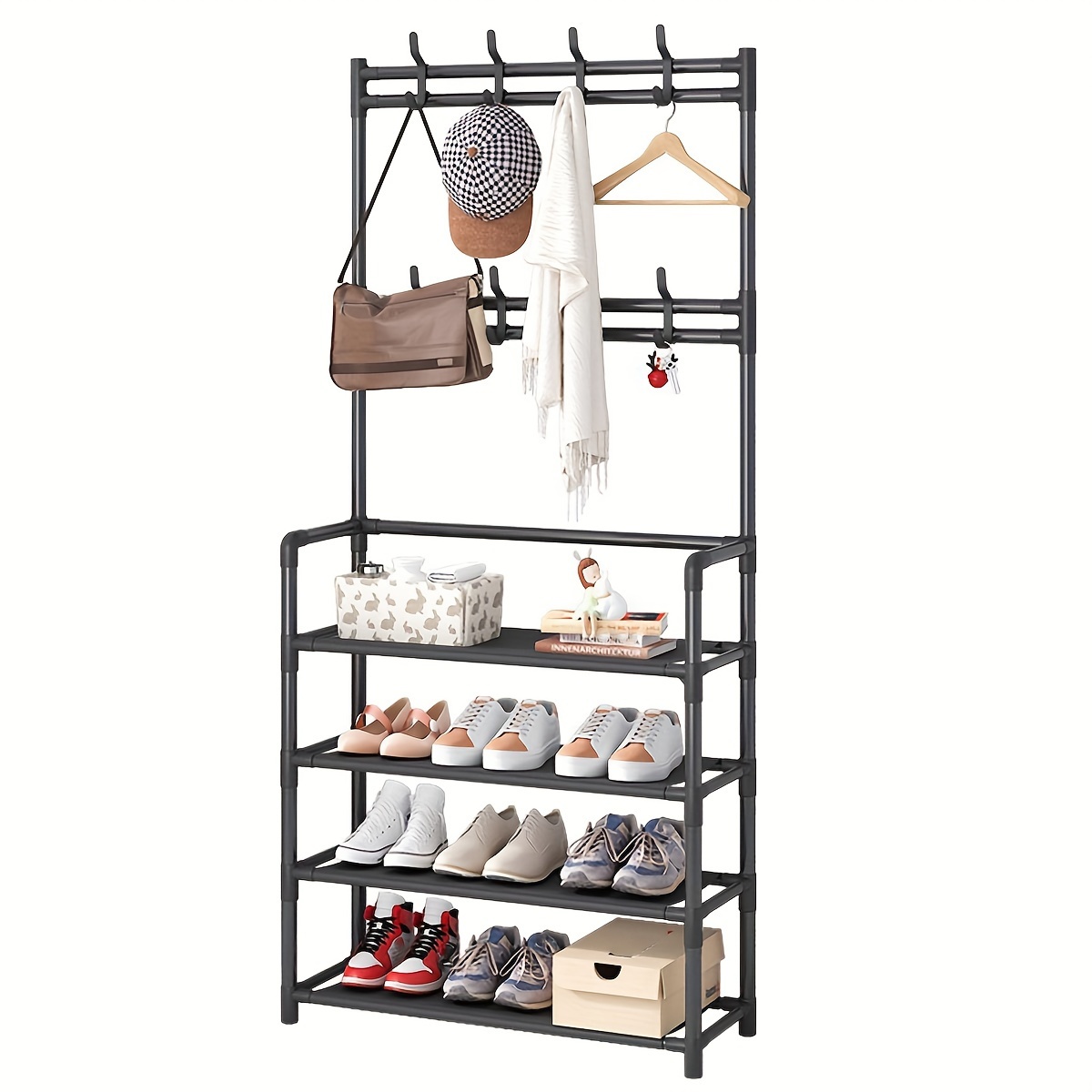 1pc 8-tier 7-grid Shoe Storage Combination Coat Rack With Black Frame And  Simple Assembly, Modern Minimalist Style Shoe And Hat Racks For Household  Use