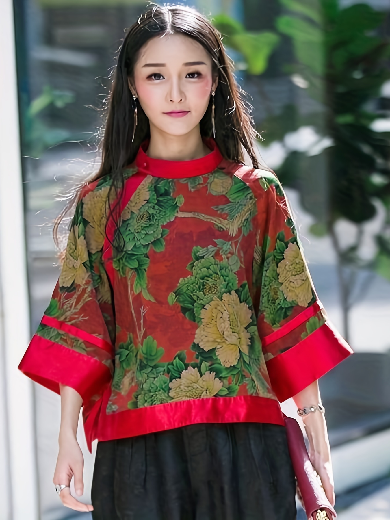 Floral Print Tang Suit, Vintage Mock Neck 3/4 Sleeve Tang Suit