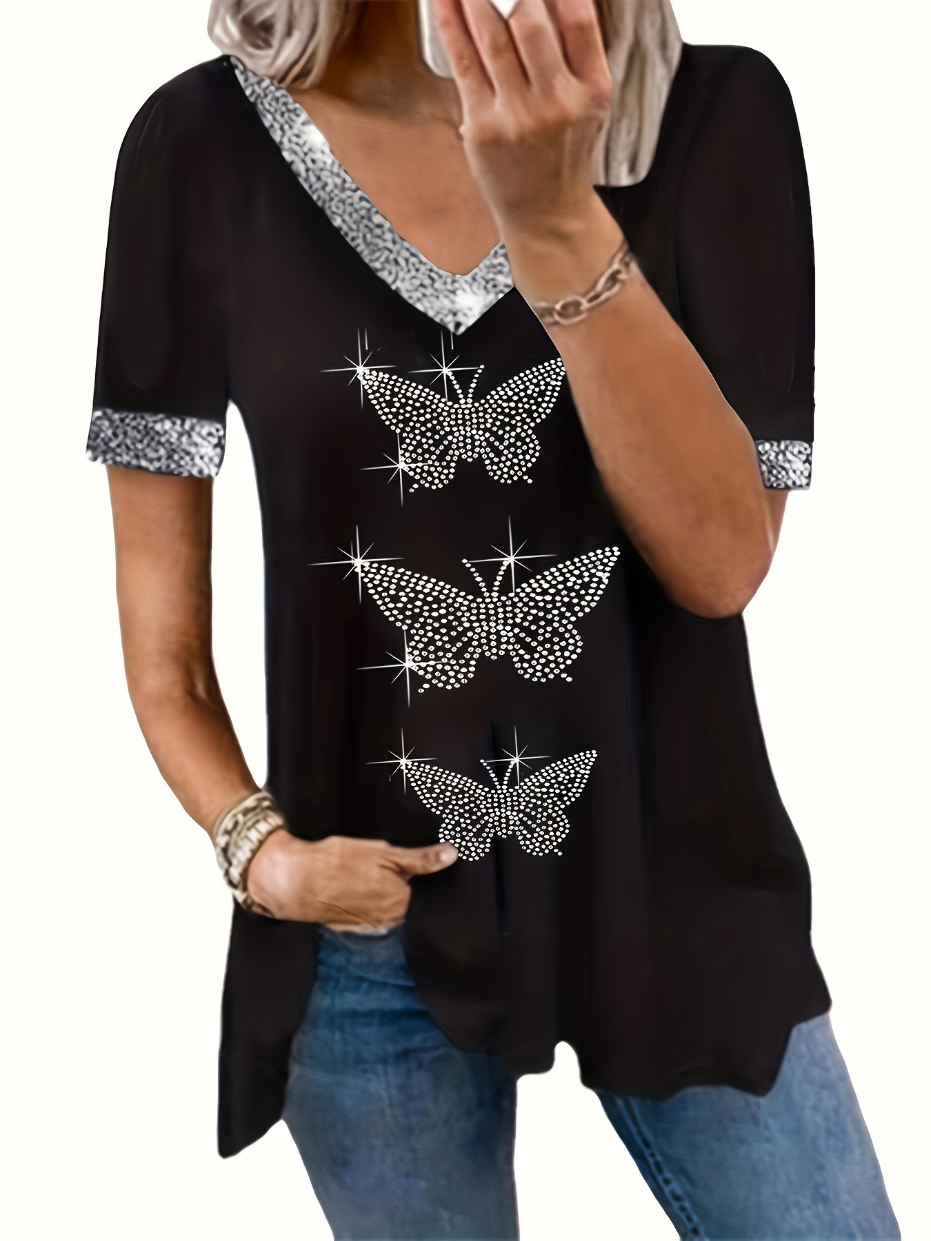 Plus Size Y2K T-shirt, Women's Plus Rhinestone Butterfly Decor Short Sleeve  V Neck Medium Stretch Tunic T-shirt