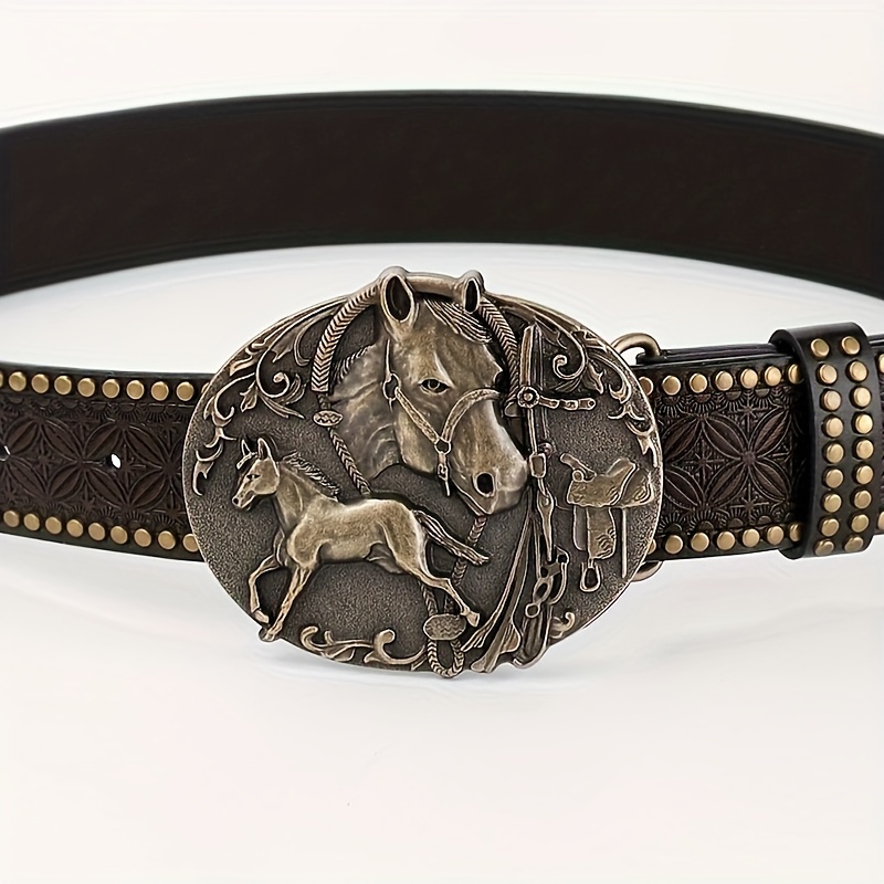 Western Cowboy Retro Horse Buckle Belt, Fashion Casual Business Men's  Embossed Pu Leather Belt - Temu
