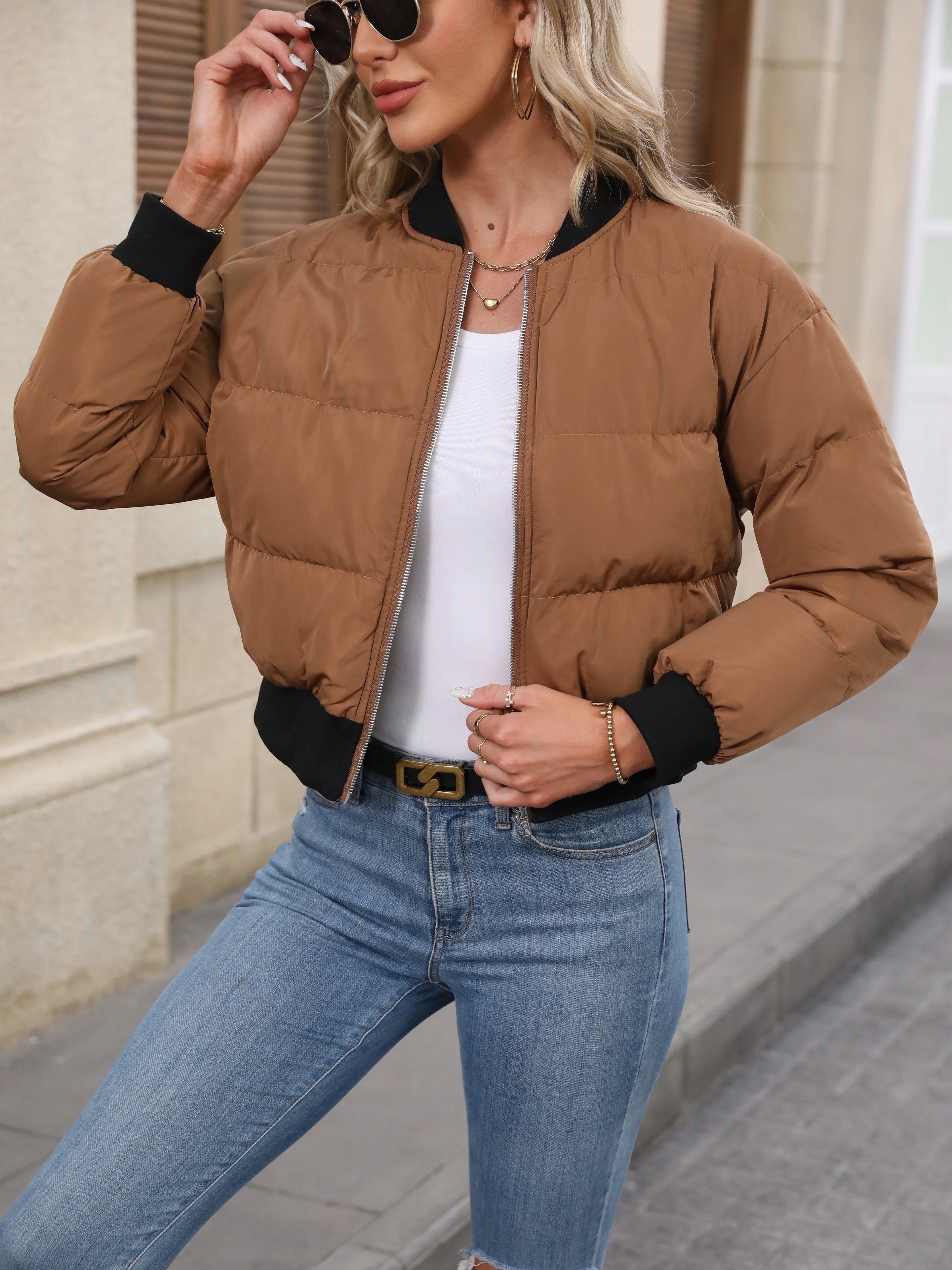 Zip up Patch Puffy Coat Long Sleeve Jacket For Fall Winter - Temu