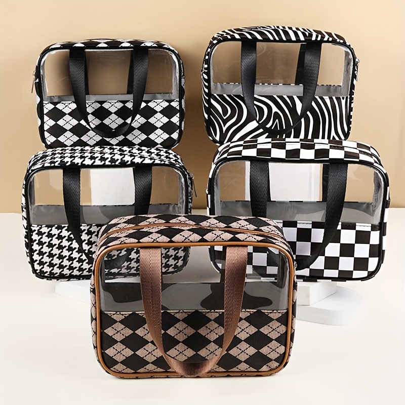 2Pcs Cosmetic Travel Bag, Brown Checkered Makeup Bag, Lightweight