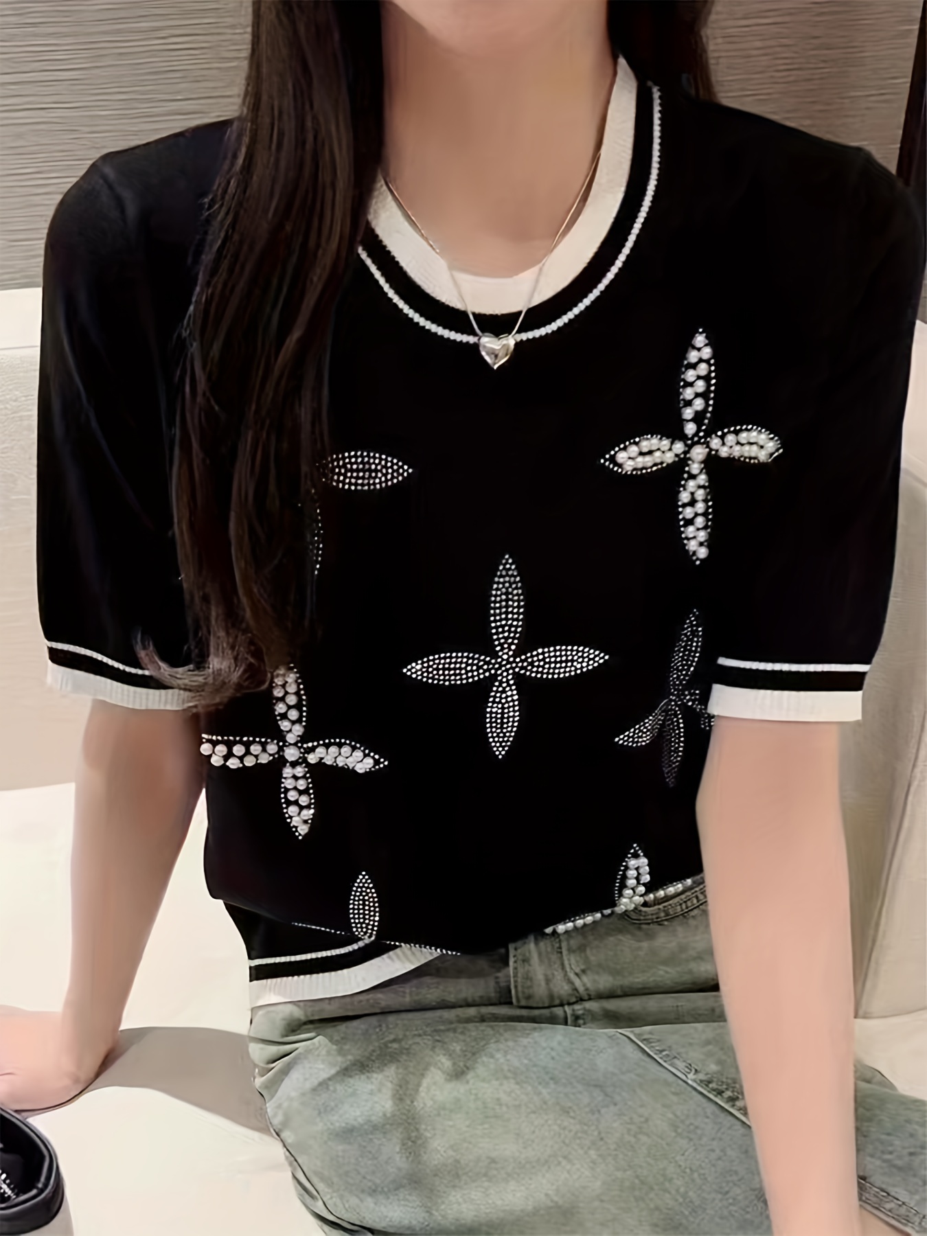 Beaded Rhinestone Crew Neck Knitted Top, Casual Short Sleeve Sweater For  Spring & Summer, Women's Clothing - Temu
