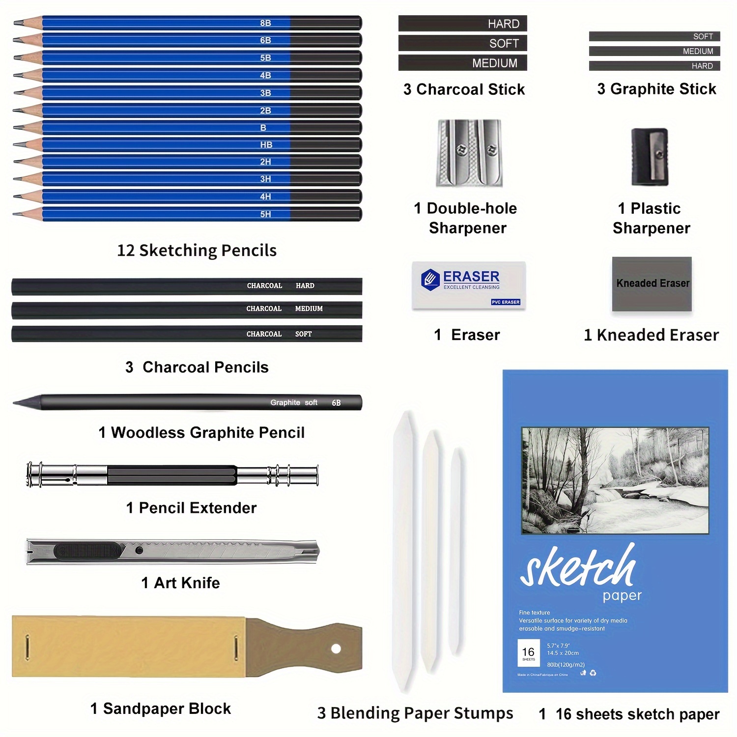 KALOUR 33 Pieces Pro Drawing Kit Sketching Pencils Set,Portable Zippered  Travel Case-Charcoal Pencils, Sketch Pencils, Charcoal