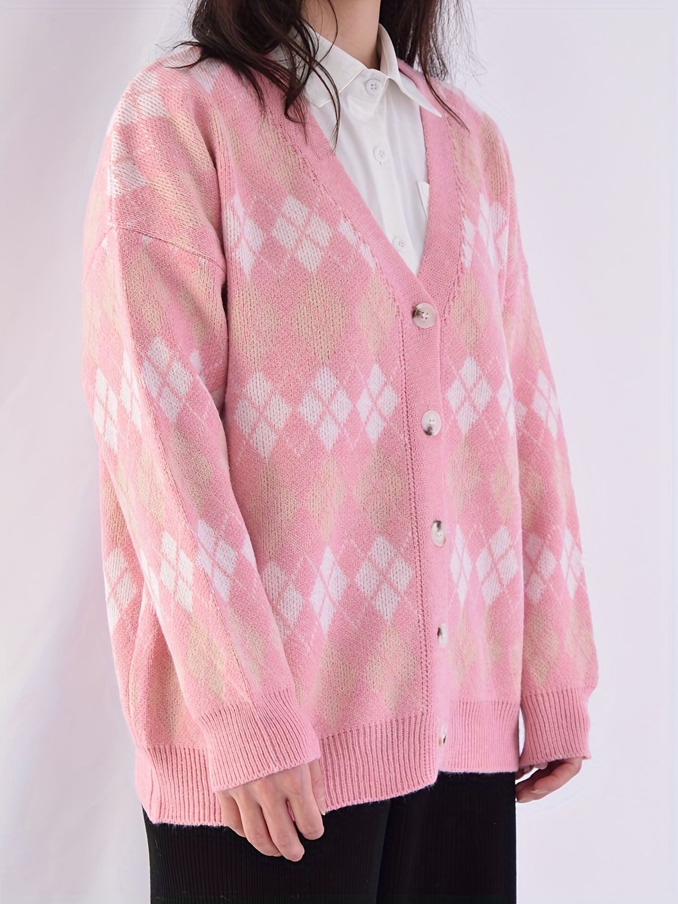 argyle print knit cardigan vintage v neck long sleeve button Temu