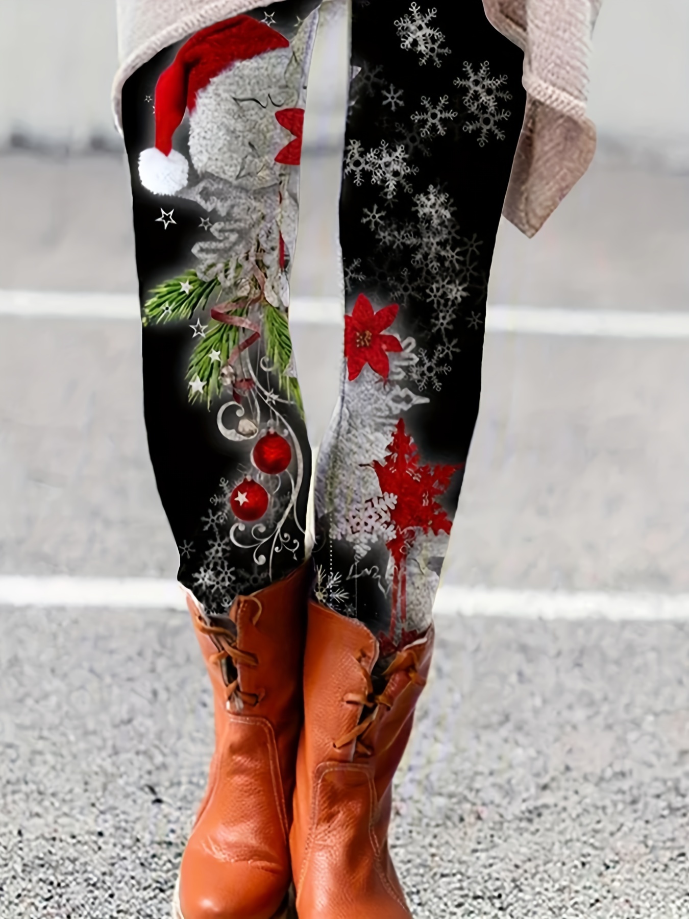 Plus Size Christmas Leggings, Women's Plus Christmas Hat Cat Print Liner  Fleece Elastic High * High Stretch Leggings