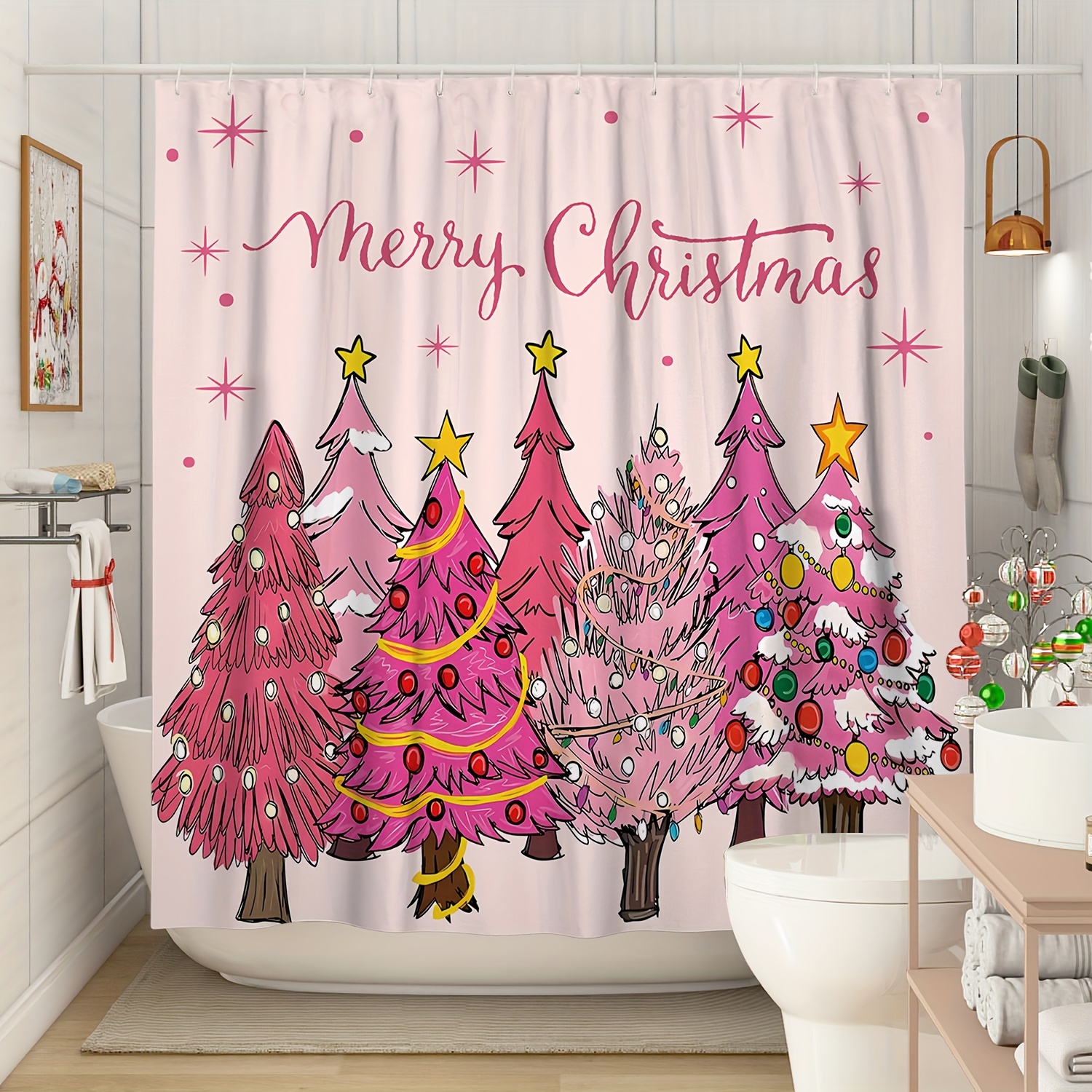 1Pc Christmas Tree Merry Christmas Pink Christmas Shower Curtain