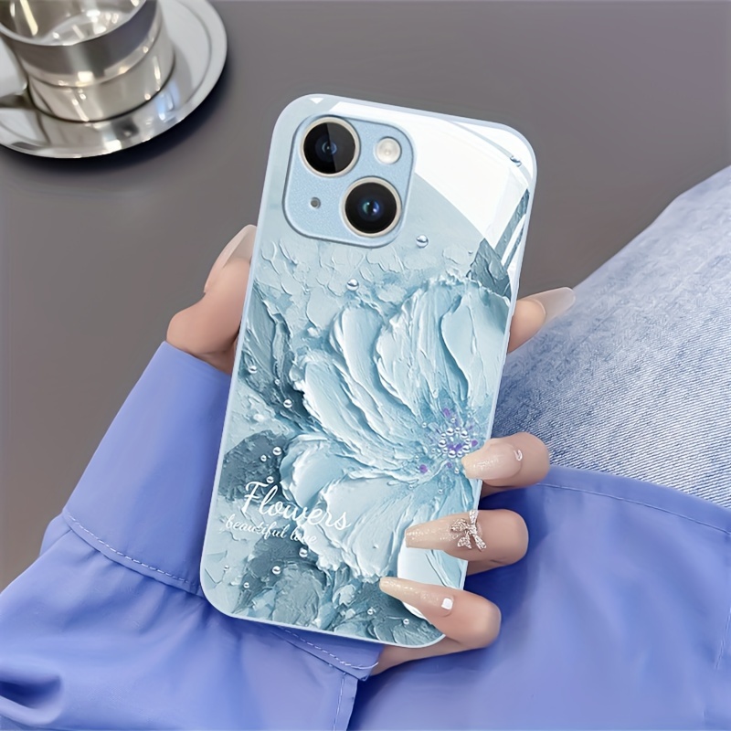 

Creative Oil Painting Pearl Peony Pattern Phone Case Suitable For 15, 14, 13, 12, 11 X/xs Xr Xs Pro Max Plus Far Blue Metallic Paint Silicone Glass Straight Edge New Full Cover