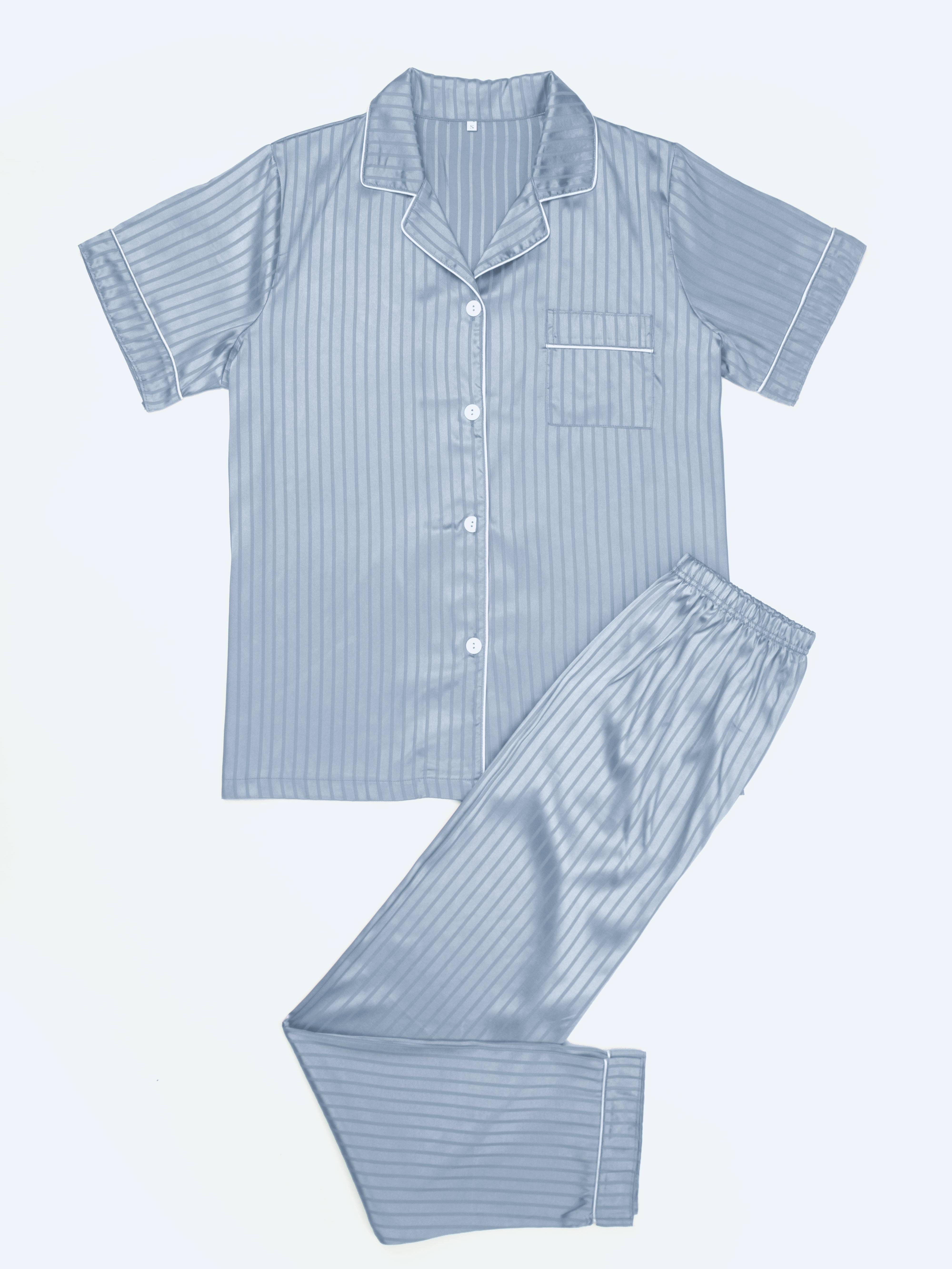 Men's Love Stripe Pattern Long Sleeve Ice Silk Pajamas Set - Temu