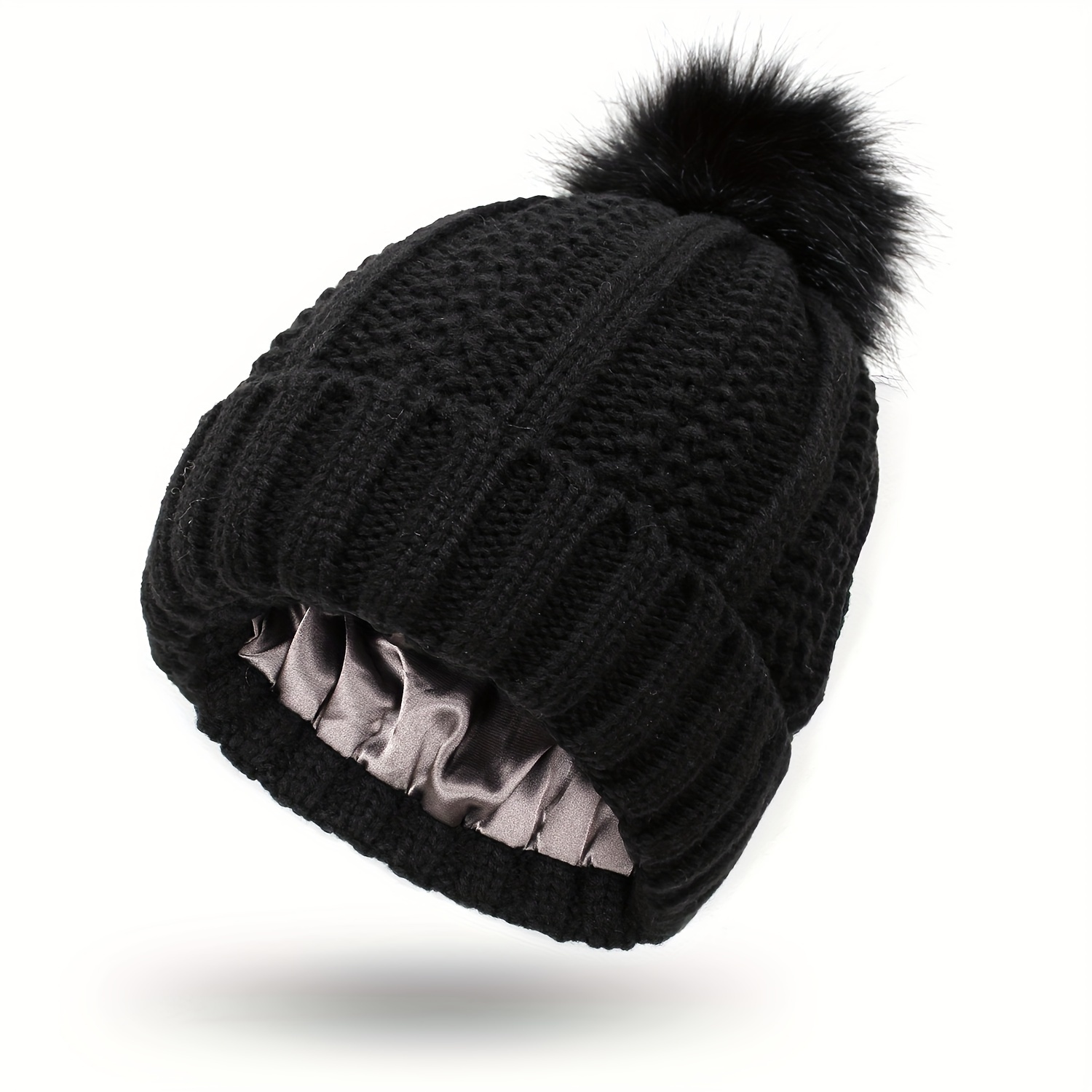 Bonnet Hiver avec pompon doublé satin Noir