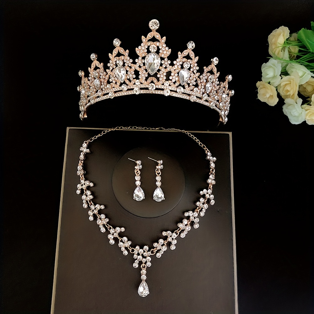 3 Teile/satz Kristall Braut Tiara Und Krone Ohrringe Halskette Schmuck Set  Für Frauen Prinzessin Mädchen, Jeweled Hochzeit Tiara Für Braut