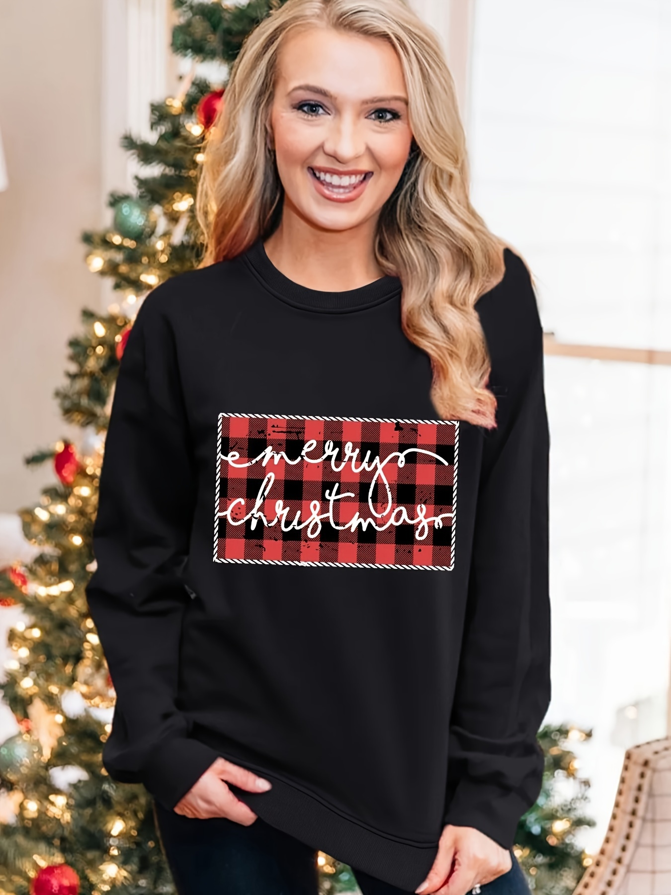merry christmas print sweatshirt casual long sleeve crew neck sweatshirt womens clothing details 5
