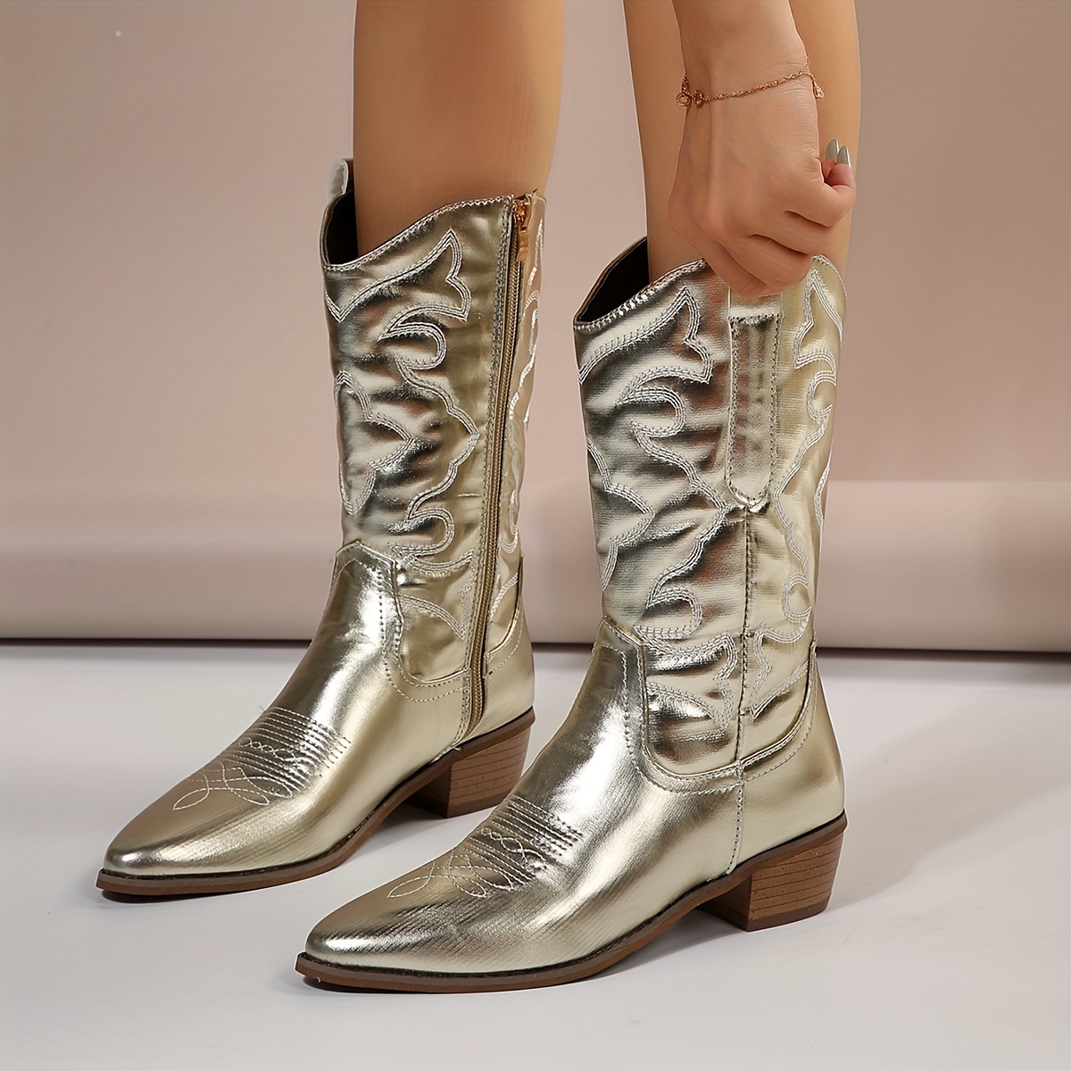 Women's Chunky Heel Cowboy Boots Fashion Slip Dress Boots - Temu