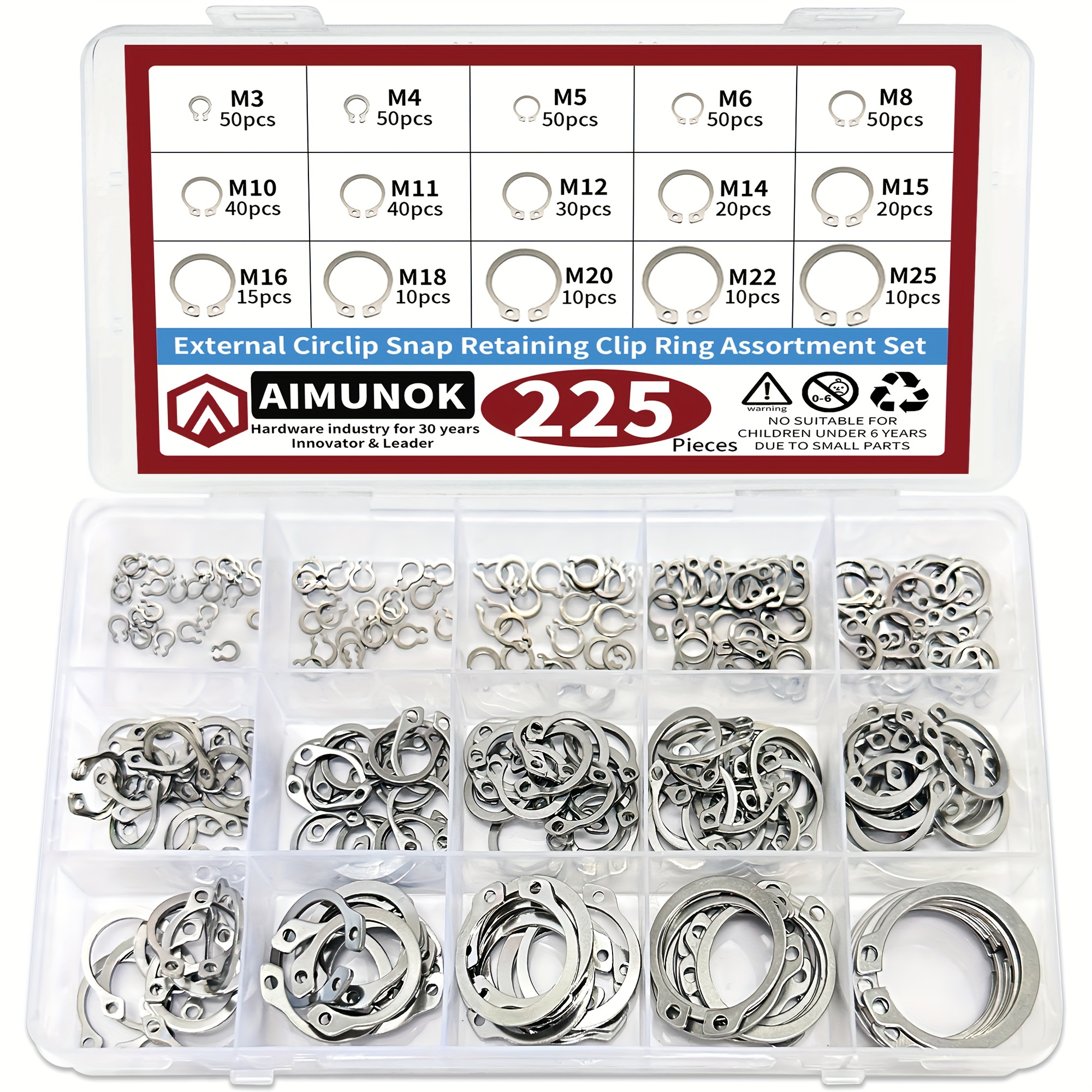 TEMU 225pcs C-clips External Retaining Ring Kit 15sizes 304 Stainless Steel For Shaft Assortment Kit M3-m25 Pack Set