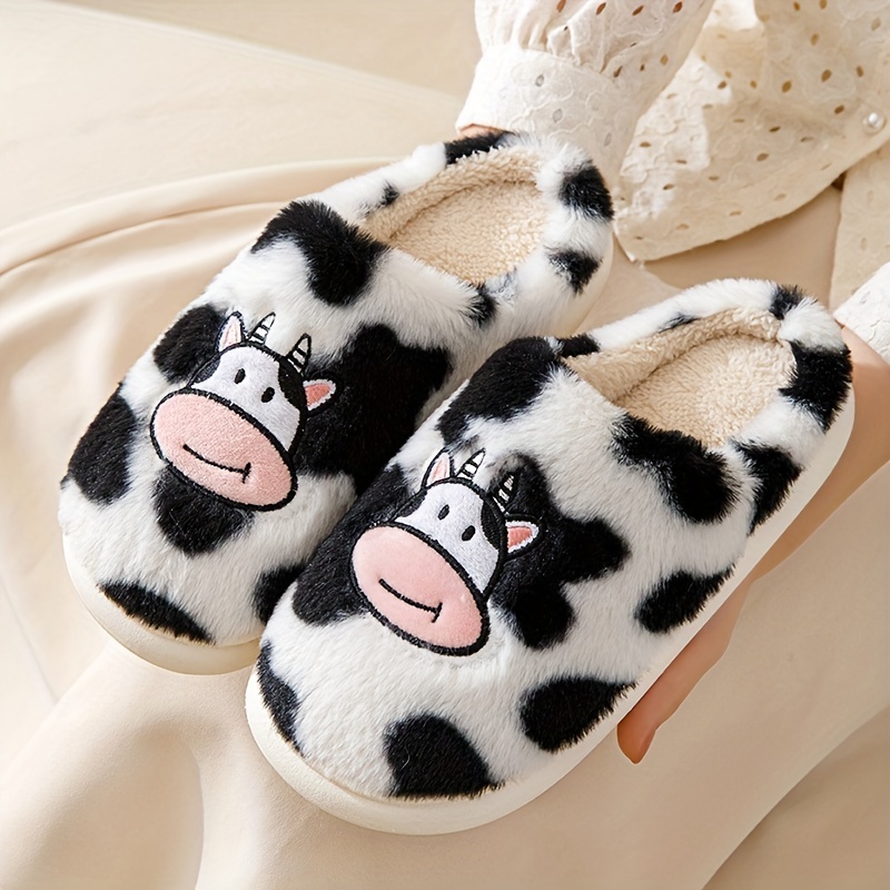 Kawaii Cow Print Fluffy Slippers Cute Cartoon Closed Toe Temu