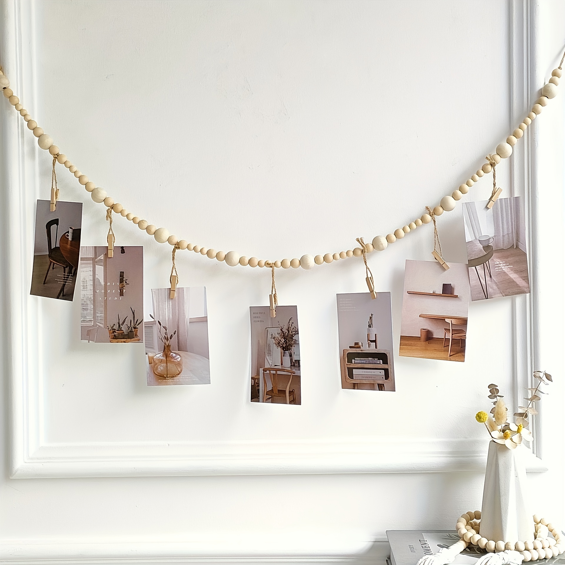 Wall Hanging Photo Display with Wooden Beads Garland, Collage