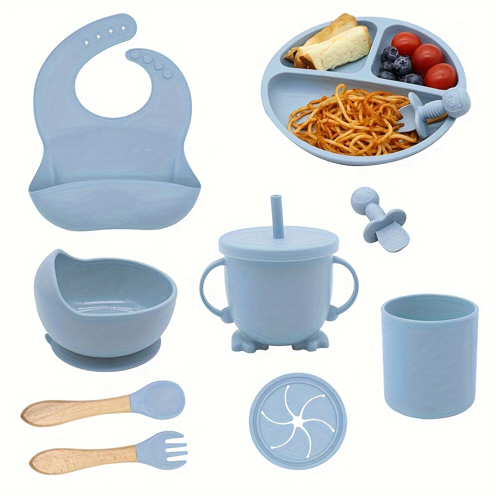 New 9 Pcs Baby Feeding Set Silicone Baby Plate and Bowl Set with