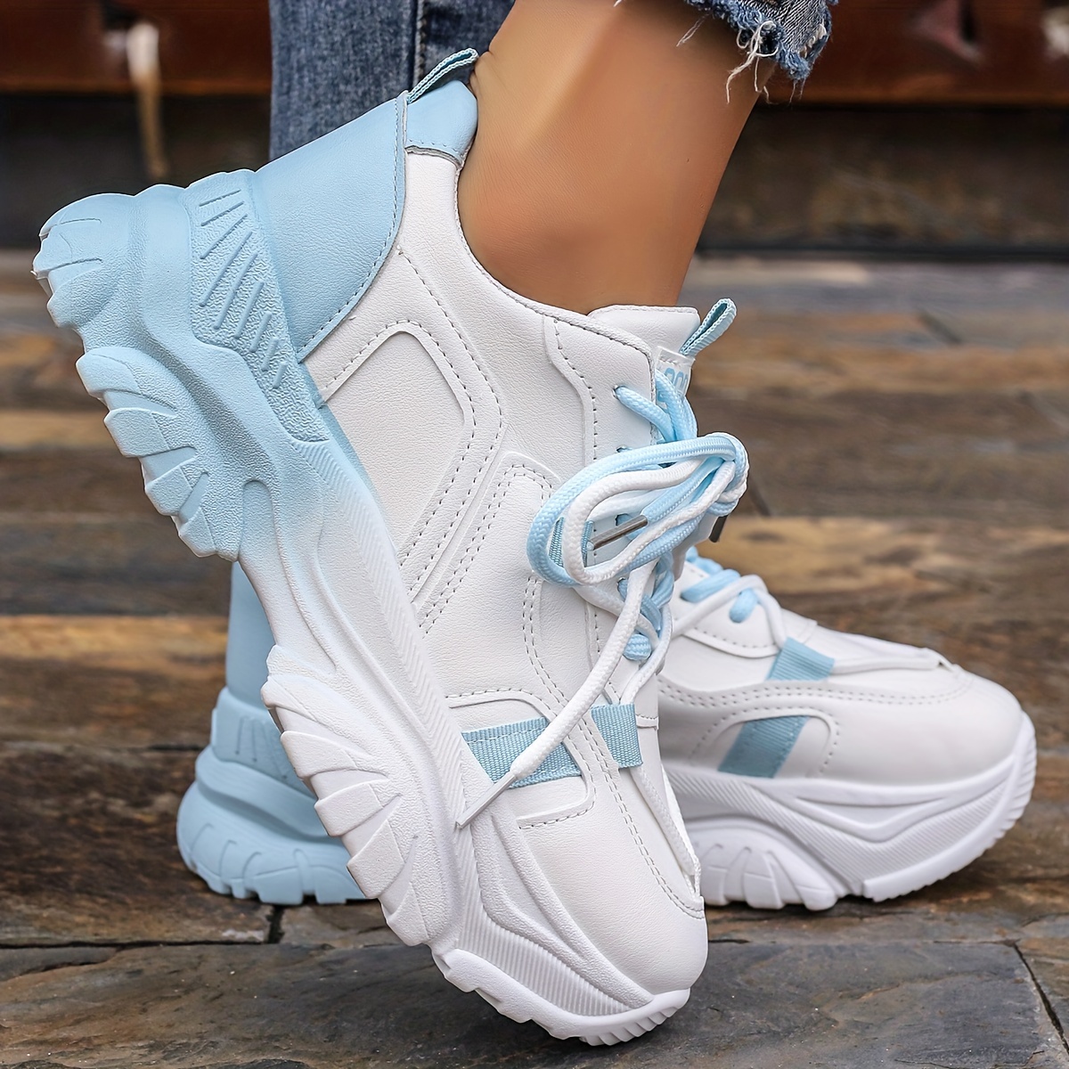 womens two tone chunky sneakers trendy lace up platform low top trainers casual sports shoes details 0