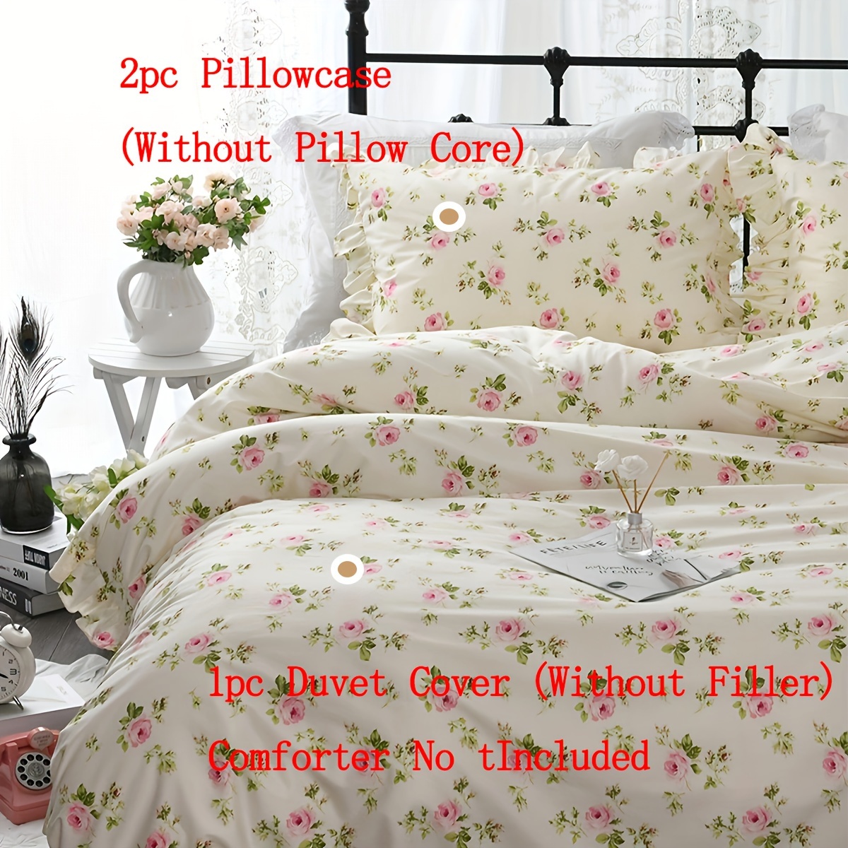 Floral Duvet Cover Ruffles Bed Sheet Set Princess Cotton Bedding Set Queen  King