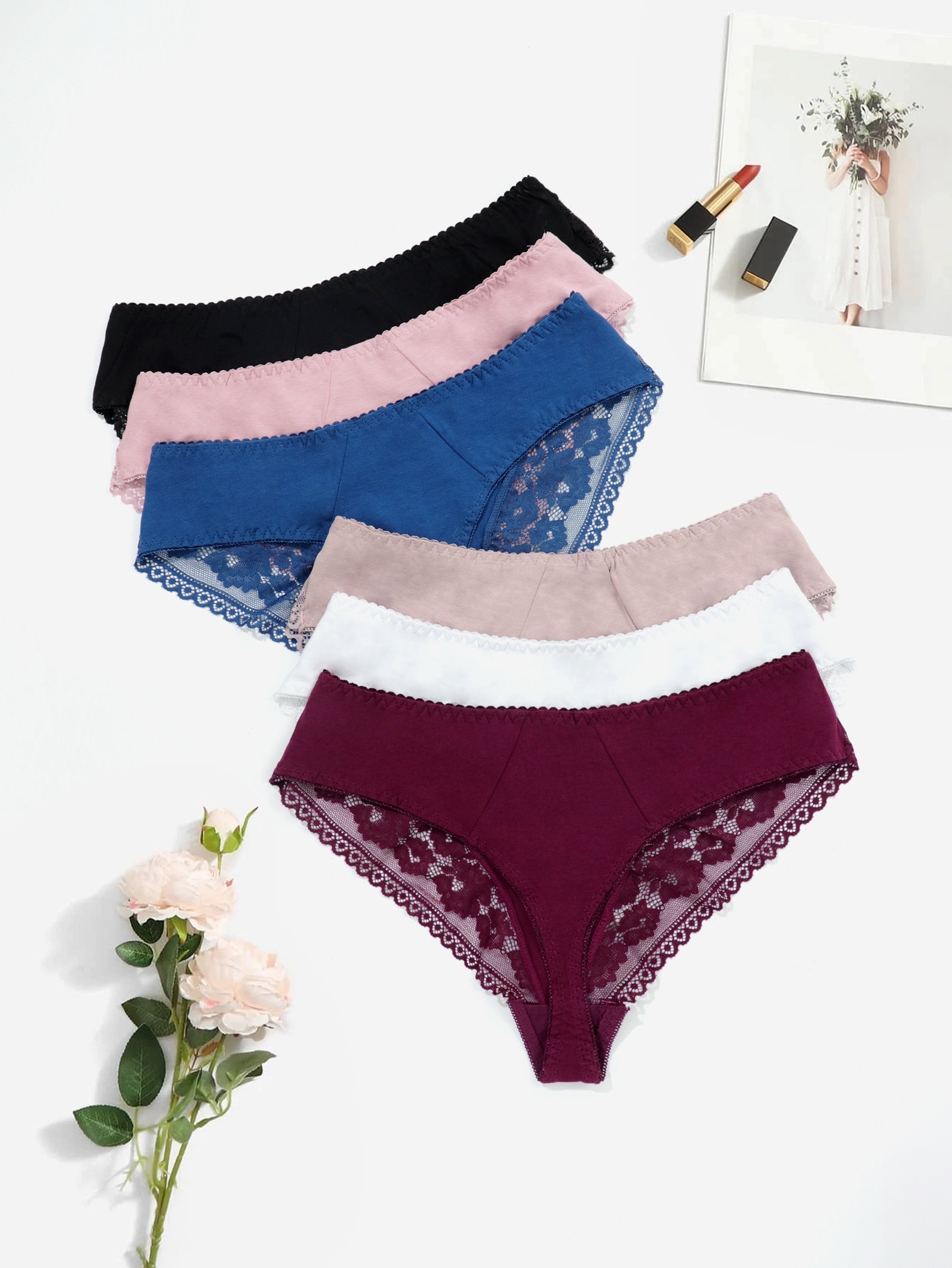 6 Pack Plus Size Sexy Panties Set, Women's Plus Contrast Lace Wave Trim  Medium Stretch Cheeky Briefs 6pcs Set