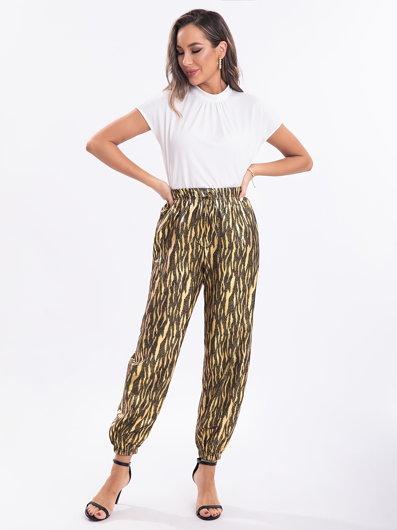 Women's Casual Leopard Print Elastic Pants High Waist - Temu Canada
