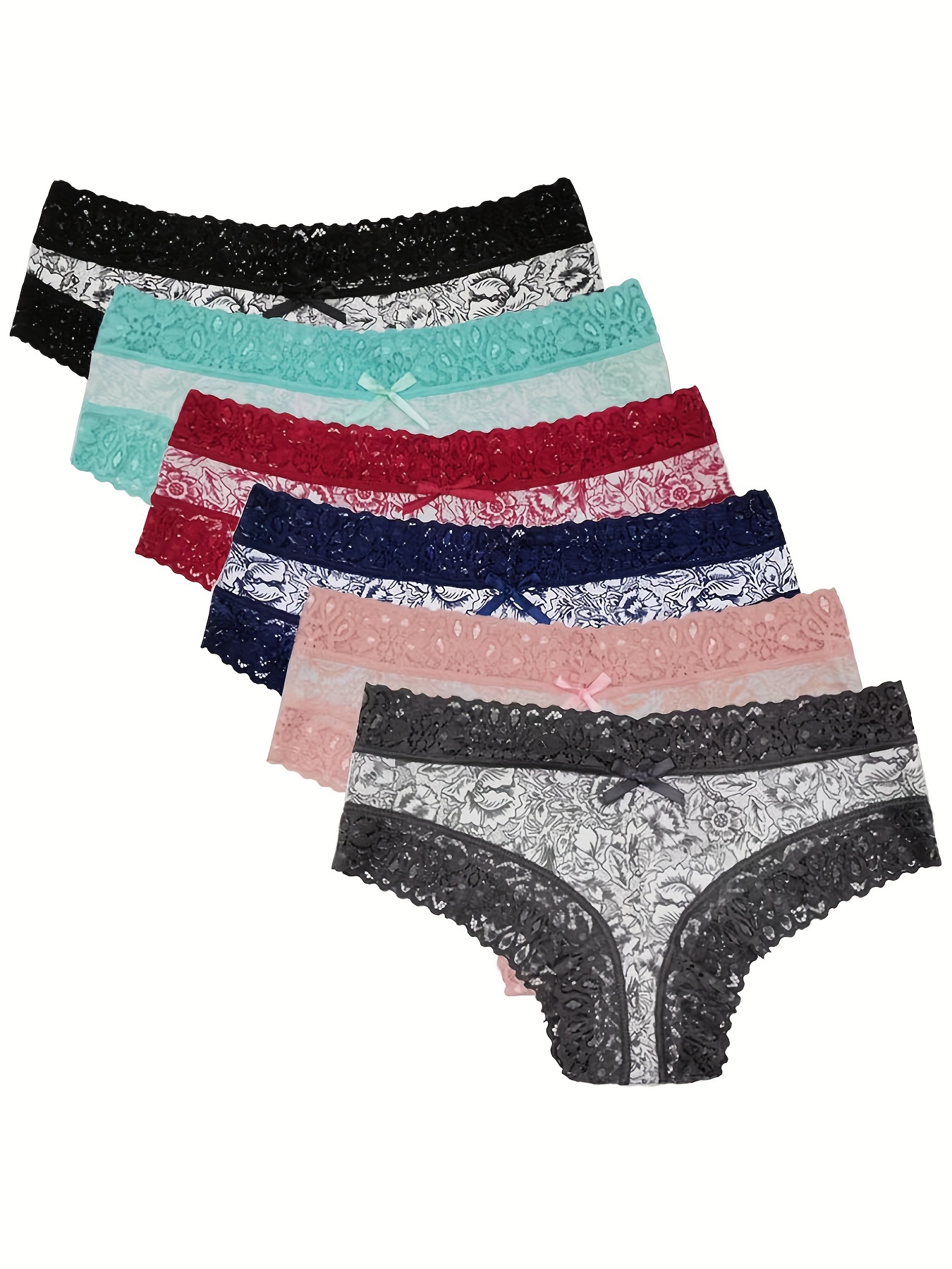 6pcs Lace Trim Bow Tie Briefs, Comfy & Breathable Stretchy Intimates  Panties, Women's Lingerie & Underwear