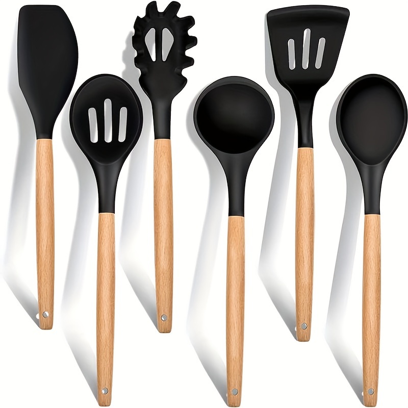 AJOYOUS 12Pcs Khaki Silicone Cooking Utensils Set Non-Stick Spatula Shovel  Wooden Handle Cooking Tools Kitchen Tools Ser