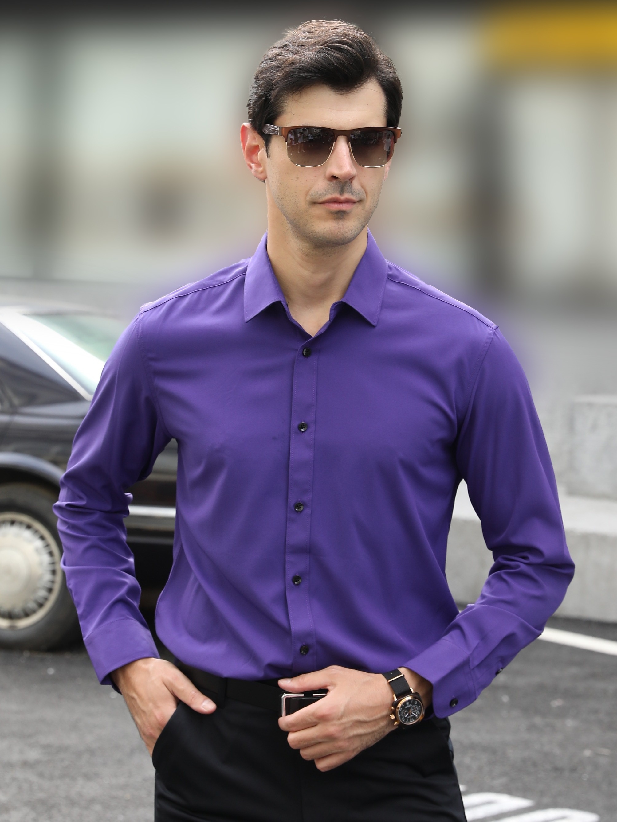 purple long sleeve button up shirt