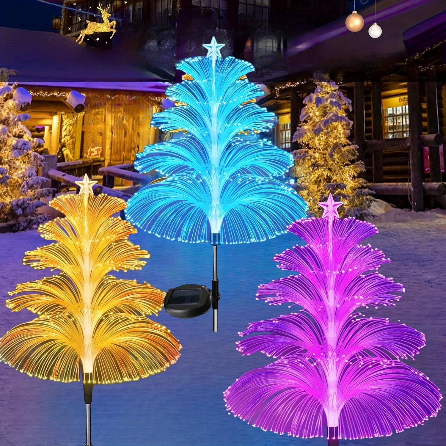 2 décorations de noël solaires arbres lumières extérieur étanche arbre de noël  solaire méduses lumières 5 couches fibre optique 7 couleur changeante