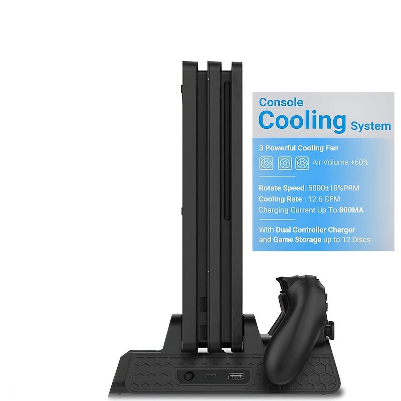 PS4 Stand Cooling Fan Station for Playstation 4/PS4 Slim/PS4 Pro, PS4  Vertical Stand with Dual Controller Port Charger Dock Station, 12 Game  Slots