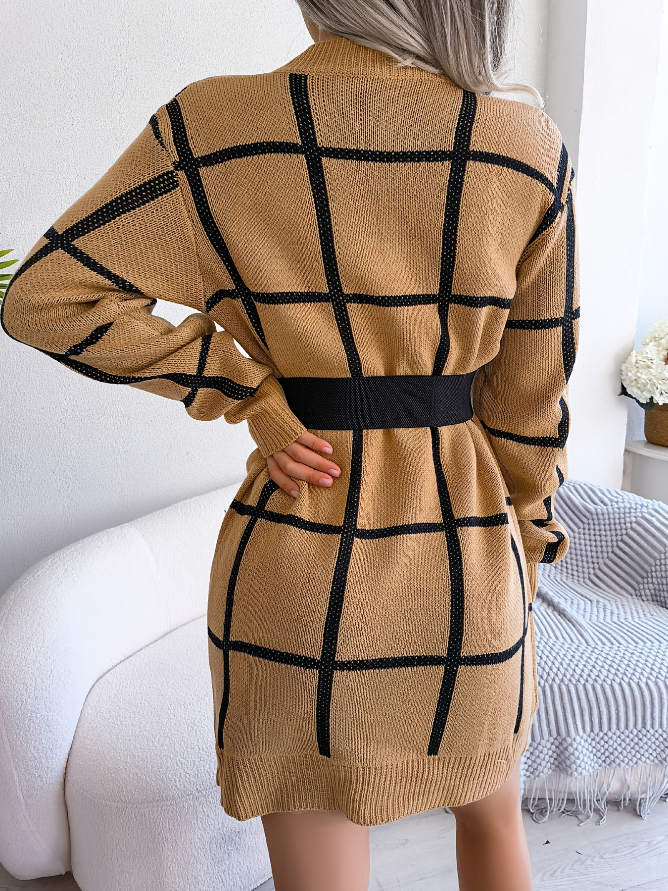 Casual Contrast Color Plaid Long Sleeve Base Sweater Dress Green / L