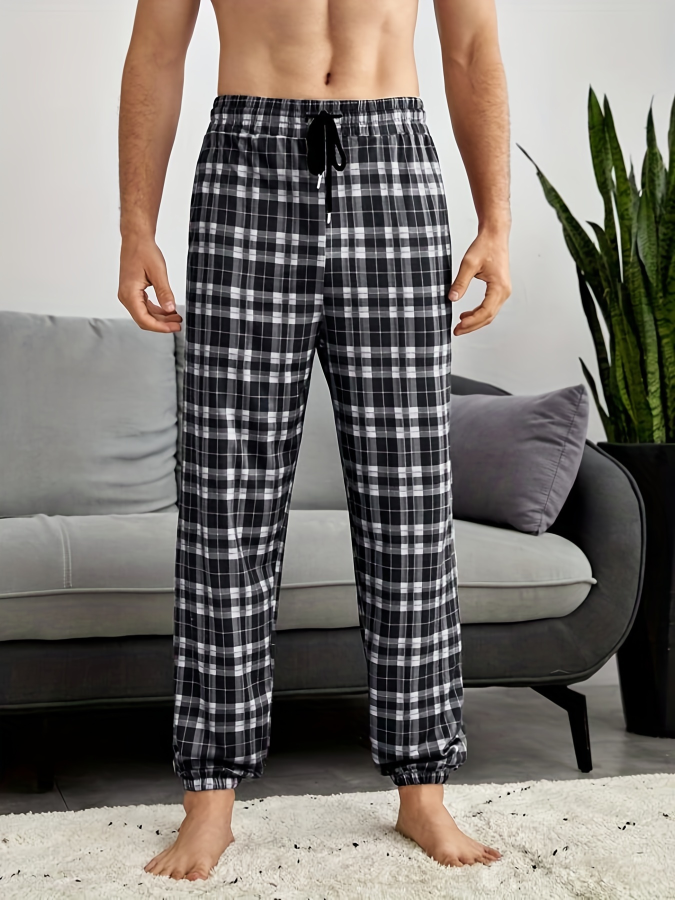 Men's Plaid Pattern Casual Homewear Long Pants Pajama Sleep - Temu