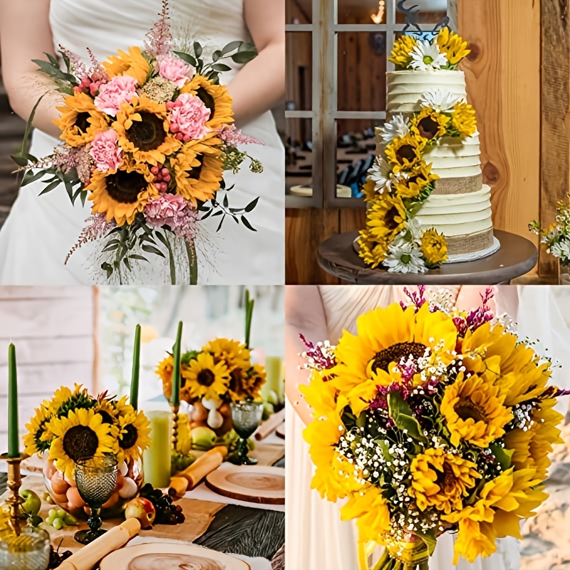 TURNMEON 28Pcs Sunflowers Artificial Flowers Bulk Spring Decor, 4 Pack Fake  Flowers Silk Faux Sunflower Bouquet Arrangement for Vase Wedding Table