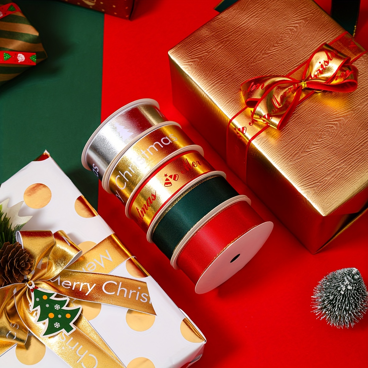 Black Red Printed Golden Gift Wrapping Ribbon Christmas - Temu