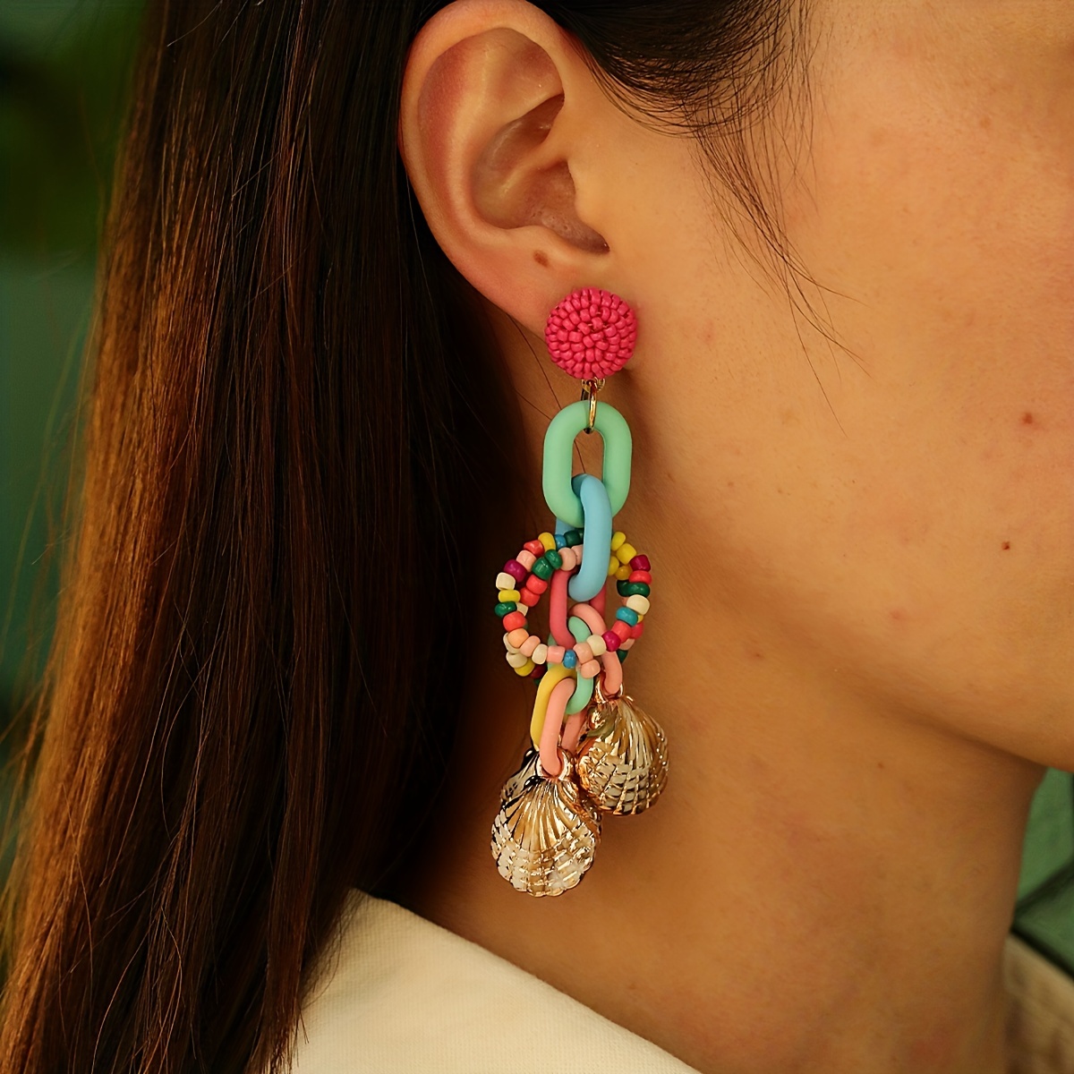 

1pair Colorful Chain Shell Tassel Earrings, Lively Fashion For Women Casual Daily Party Travel Style Ear Jewelry