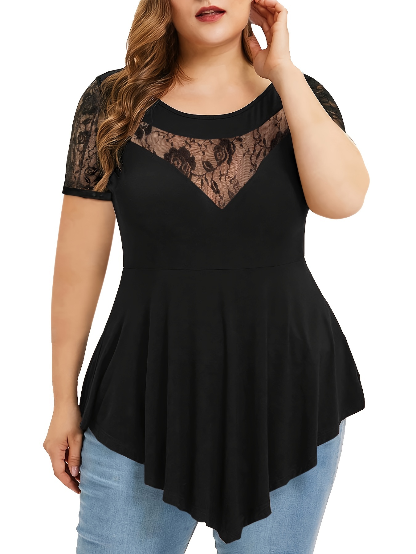 Plus Size Solid V Neck Irregular Hem T shirt Women's Plus - Temu