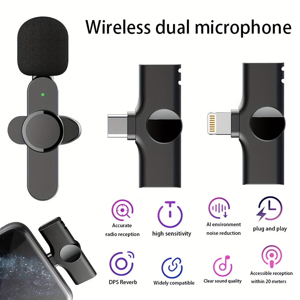 Micrófonos inalámbricos duales 3 en 1 para iPhone, teléfono Android,  cámara, micrófono inalámbrico Lavalier micrófonos dobles inalámbricos con