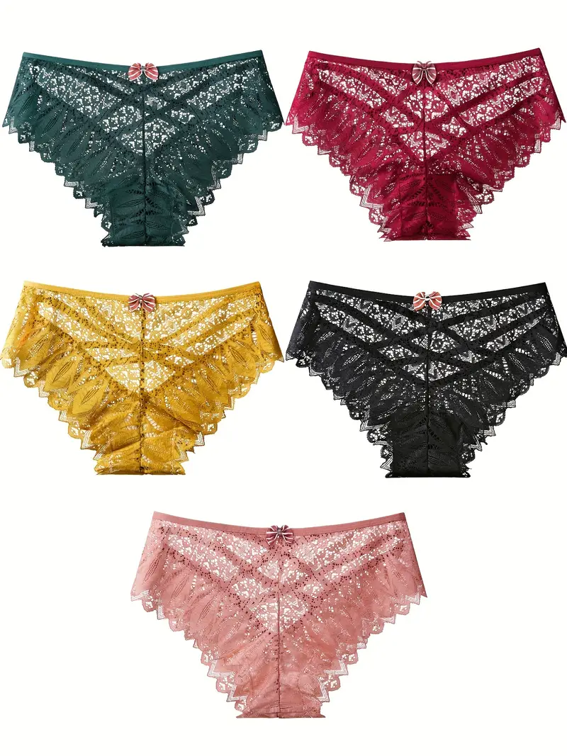 5pcs floral lace bow tie panties criss cross hollow out scallop trim panties womens lingerie underwear details 4