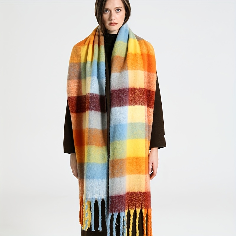 Contrast Color Plaid Striped Chunky Scarf Thickened Soft - Temu