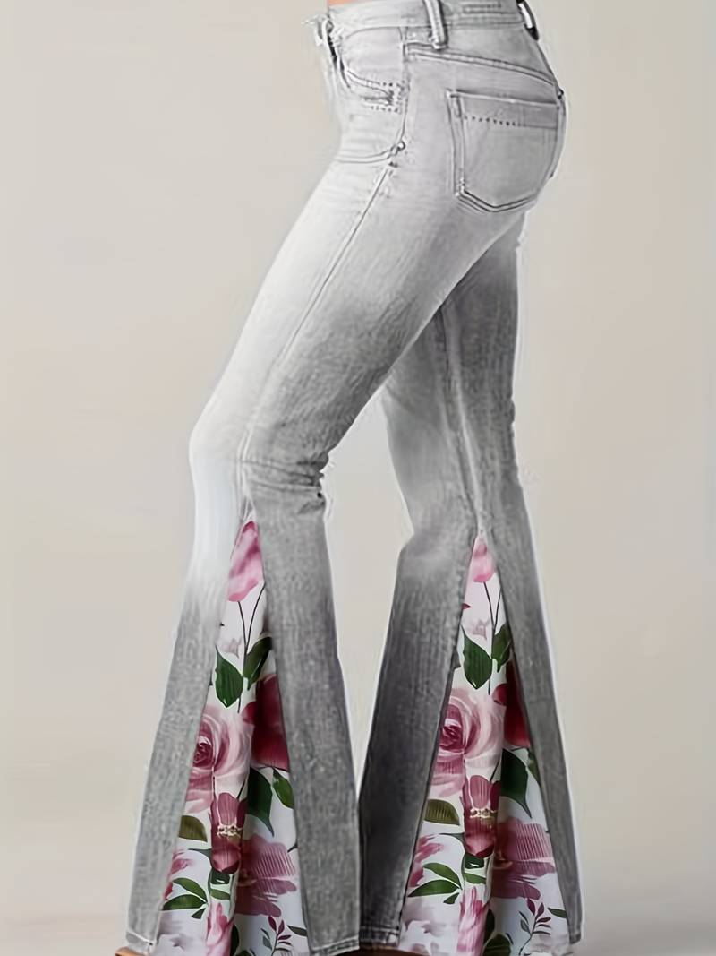 Plus Size Casual Trousers Women's Plus Denim Print Contrast Floral ...