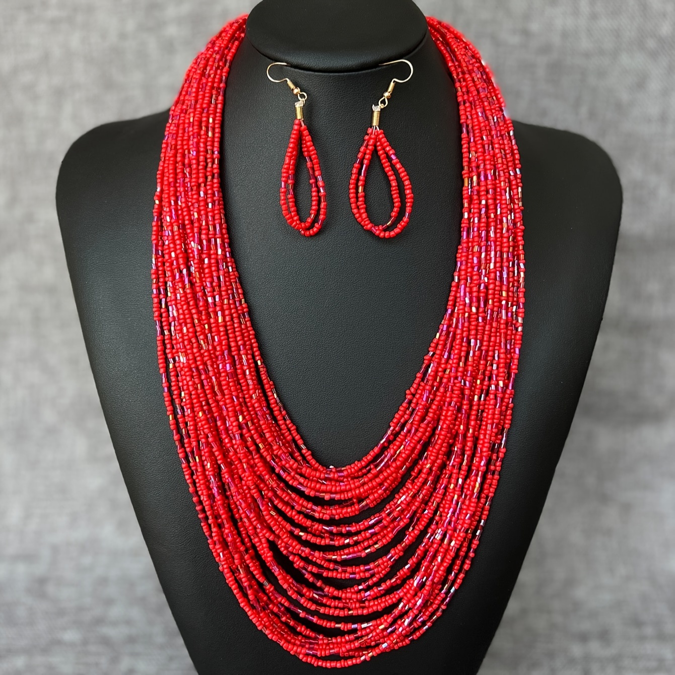 

Bohemian Ethnic Style Multi-layered Red Rice Bead Glass Tube Necklace And Earrings Set Daily Party Accessories For Women